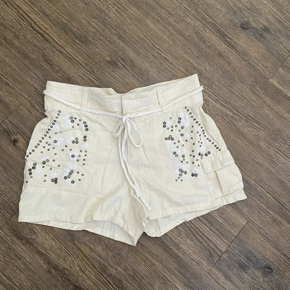 Da-Nang Cream Eyelet Sequins Silk Cotton Cargo Shorts Size Small S